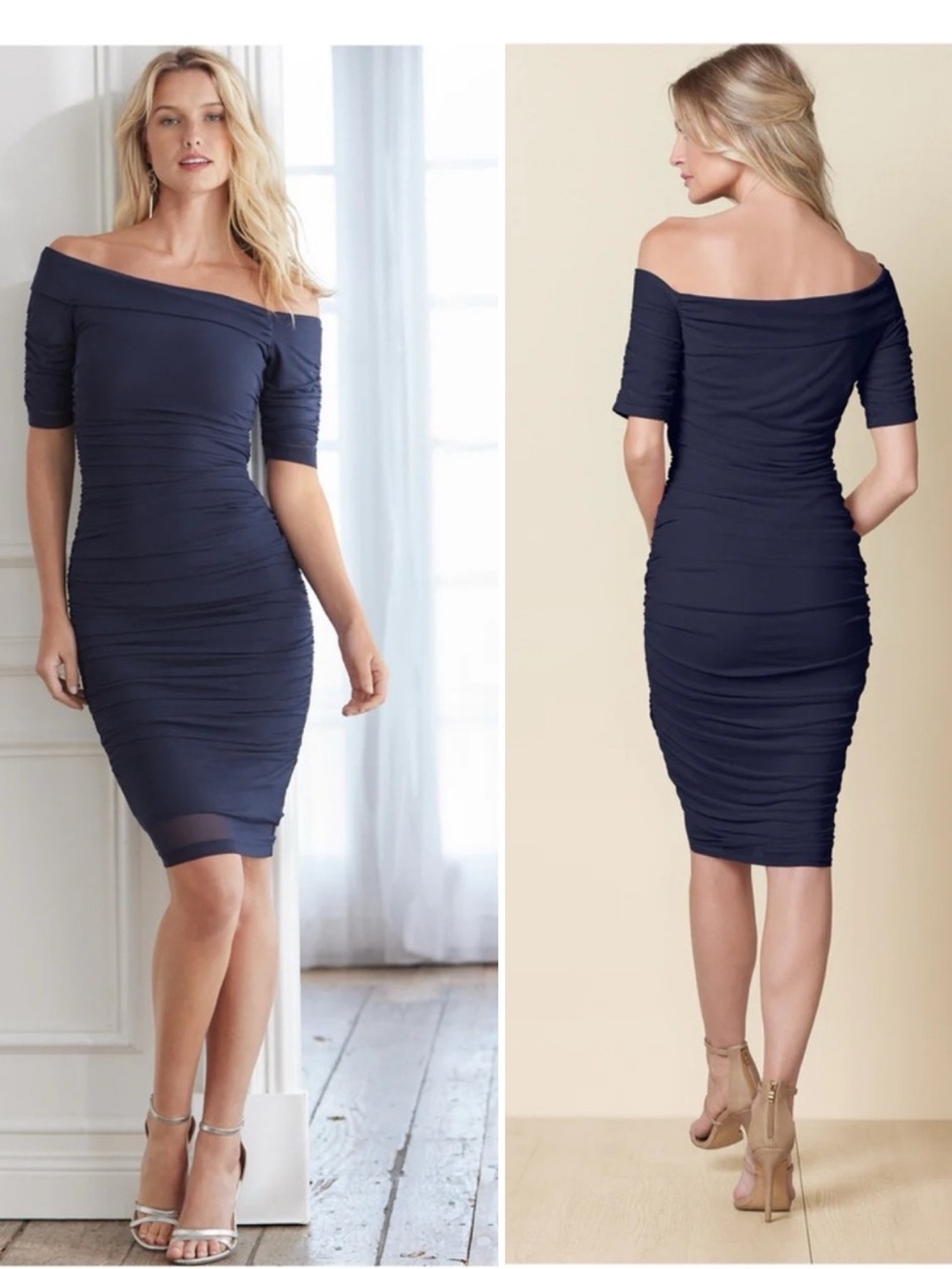 VENUS Dress L Navy Ruched Mesh Bodycon Off Shoulder Midi Cocktail Party Sexy